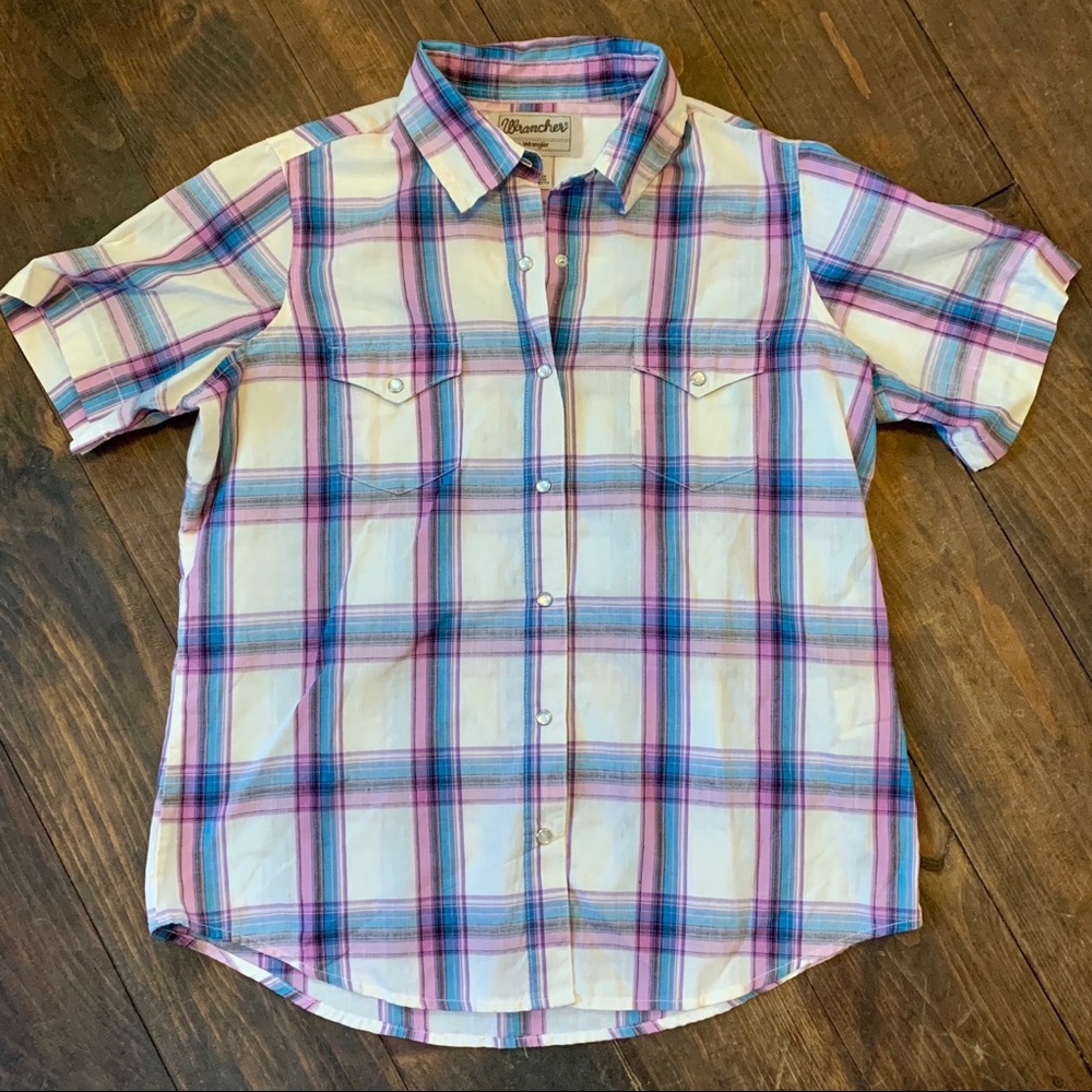 pearl snap button front plaid wrangler top